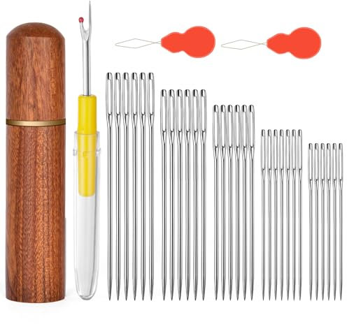 HOTUT stumpfe Nadeln mit großem Öhr, 33 Stück Handnähnadeln Garnstricknadeln, 5 Größen Sticknadeln mit großem Öhr, 1 Nahttrenner und 2 Nadeleinfädler, Set mit Handstricknadeln aus Edelstahl