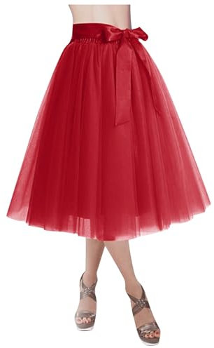 Generisch Damen Langer Tüllrock Rot Einfarbig Elastischer Taillenbund Knielang Einheitsgröße Polyester