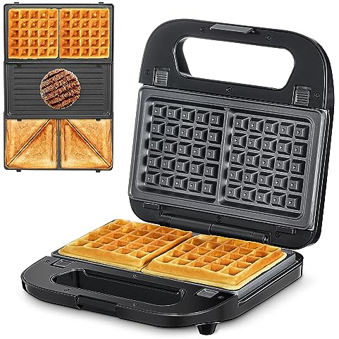 Reemix 3-in-1 Waffle, Grill & Sandwich Maker, Panini Press Grill and Waffle Iron Set with Removable Non-Stick Plates, Perfect for Grilled Cheese, Tuna Melts, Burgers, Steaks (Black, Plastic)