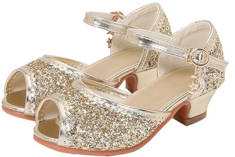 Generisch Sandales bleues pour fille, bout fermé, talons pour mariage, fête, chaussures à paillettes, nœud pour tout-petits, chaussures antidérapantes pour bébé, or, 33 EU