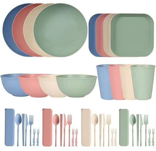 44Pcs Plastic Dinnerware Sets, Plastic Plates and Bowls Sets with Cups, Cutlery, Suitable for 4 People, Reusable Lightweight Serving Sets, Easy to Carry and Clean