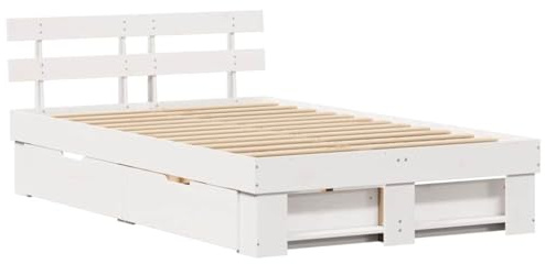 vidaXL Cama Plataforma de Madera Blanca 140 x 190 cm de Pino Sólido con Almacenamiento, Fácil de Armar, Sin Necesidad de Base, 2 Cajones Inferiores, Uso en Interior, Peso Máximo 110 kg, Muebles para