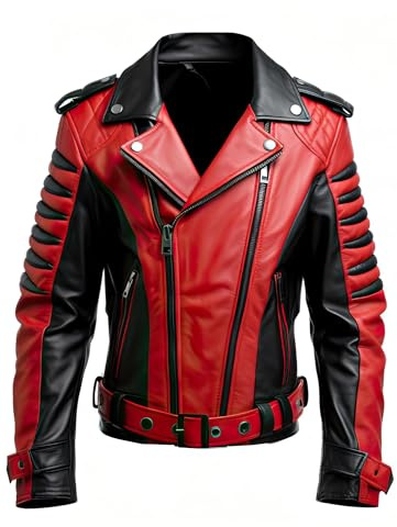 TRESSANO Mens Brando Red and Black Motorcycle Belted Rock Punk Funky Biker Lambskin Leather Jacket, Red and Black, Large