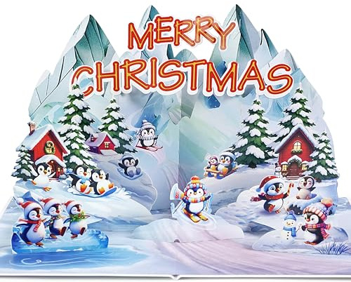 CUTPOPUP Penguin town, Carte de Noël Pop-up, 3D, Joyeux Noël, Nouvel An, cartes de vœux pour les fêtes (Pingouin glacé) CN311FR1520