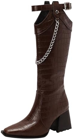 Generisch Botas altas hasta la rodilla para mujer, con bonito estampado en forma de pantorrilla, botas gruesas con tacón grueso y punta puntiaguda, marrón, 38 EU
