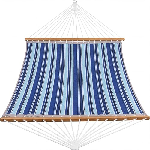 GarveeMore Hamac Double matelassé 350x200cm Bois Barre | Oreiller amovible - poches rangement - charge 204kg - rayures bleu clair/foncé - 2 pers.