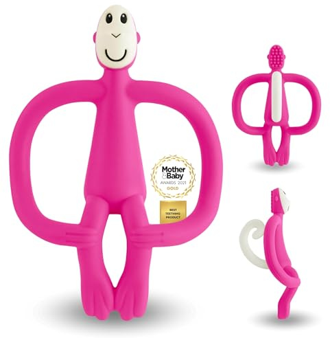 Matchstick Monkey, Original Teether & Gel Applicator, Antimicrobial Silicone Teething Toys for Baby, Easy to Grip, BPA Free, 3 Months Old+, 10.5 cm, Pink Monkey