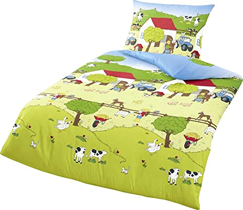 JACK by Bierbaum Kinder Biber Bettwäsche 2 TLG. 135x200cm Bauernhof 100% Baumwolle Öko-Tex Reißverschluss