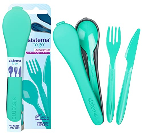 Sistema set de couverts TO GO | Set de couverts de voyage avec couteau, fourchette et cuillère | Boîte de rangement durable | Plastique sans BPA | Compatible avec le lave-vaisselle