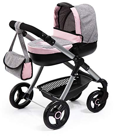 Bayer Design 12633AA Puppenwagen Style mit aufsteckbarer Puppenwanne, schwenkbare Vorderräder, höhenverstellbar inkl. Umhängetasche, kompatibel mit Autositz, grau, rosa, Jeans-Optik mit Schmetterling