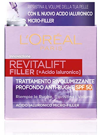 L'Oréal Paris Crema Viso Giorno Revitalift Filler, Azione Antirughe Rivolumizzante con Acido Ialuronico Micro-filler, SPF 50, 50 ml