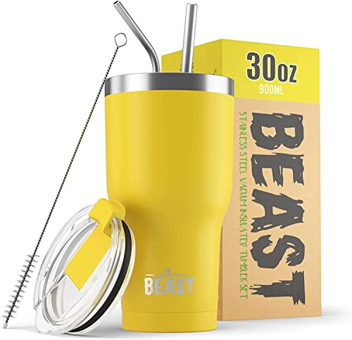 Beast Tumbler - 900 ml (30 oz), Lemon Yellow | Reusable Stainless Steel, Vacuum Insulated Cup | with + 2 Straws & Cleaning Brush | Double Wall Travel Flask Perfect for Hot or Iced Coffee | BPA Free