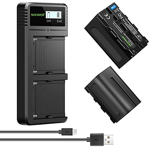 NEEWER Ladegerät Dual USB mit NP-F750 2Stk 5600mAh Ersatzakkus, Schnellladegerät kompatibel mit Sony NP-F970 F960 F950 F770 F750 F570 F550, Handycam und NEEWER LED Licht, Monitor, motorisiertem Slider