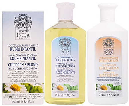 Camomila Intea - Tratamiento aclarador para el cabello - Loción Cabello Rubio Infantil 100 ML + Champú Infantil Reflejos Rubios 250 ML + Acondicionador Reflejos Rubios 250 ML (El empaque puede variar)