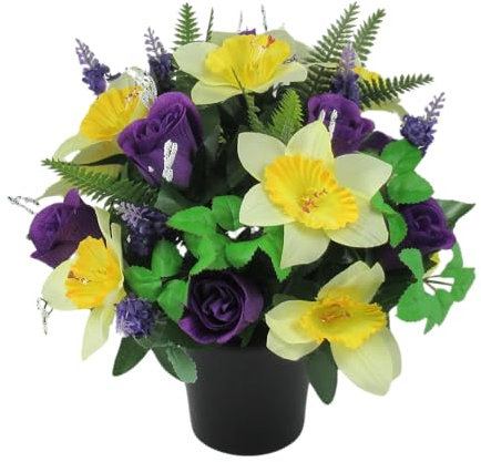 Just Because Silk Flowers Artificial Grave Flower Arrangement with Daffodils and Rosebuds