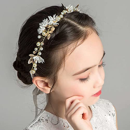 Bufenia Couvre-chef de perles pour fille de fleurs Serre-tête princesse d'or Daisy Hair Vine Accessoires pour cheveux de mariée pour mariage