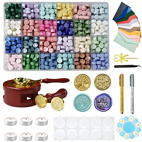 Sello Lacre Kit 600 Piezas Perlas de Cera 24 Colores, Sellos de Lacre para Sobres Cartas Postales Boda Invitaciones de Boda Carta Amor C-1