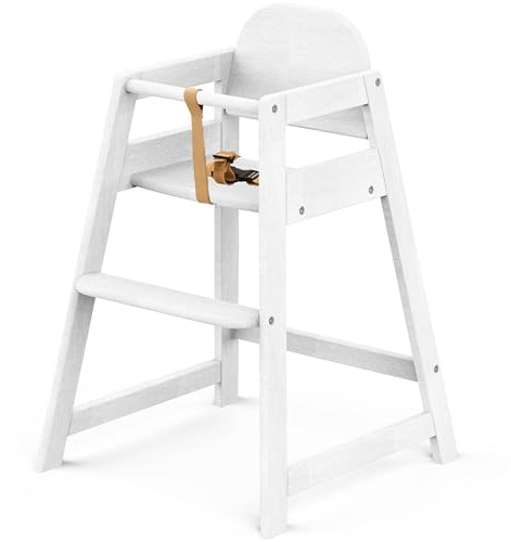 Kinderhochstuhl Holz Emma in Weiß I Hochstuhl Baby mit 3-Punkt Sicherheitsgurt & Trittbrett I Stabiler Babystuhl ab 6 Monate I stapelbar & platzsparende Hochstühle I kippsicherer Kinderstuhl Holz