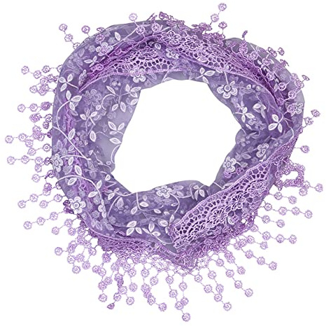 JK Home Lace Tassel Sheer Floral Triangle Scarf, Trendy Silk Gauze Embroidered Veil Church Wedding Wrap Scarf Fringe Head Cover 140x40cm Lilac