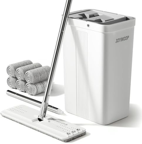 JOYMOOP - Fregona y Cubo con escurridor para el hogar, Cubo Plano Blanco para Limpieza del Suelo, Escoba Manos Libres de Uso húmedo y seco para Paredes, 152,4 cm con 6 Almohadillas de Microfibra