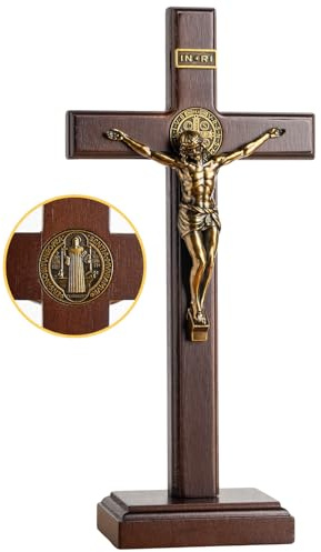 KUXBET Wooden Crucifix Cross with Detachable Stand 10 Inch Standing Catholic Wooden Jesus Christ Wall Hanging Cross for Home Decor