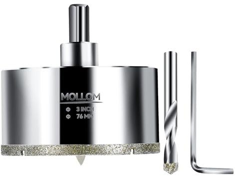 Mollom 3” (76mm) Sierra de corona diamantada con 2 brocas guía removibles Corte limpio para azulejos de porcelana, vidrio, cerámica, mármol, fibra de vidrio, etc