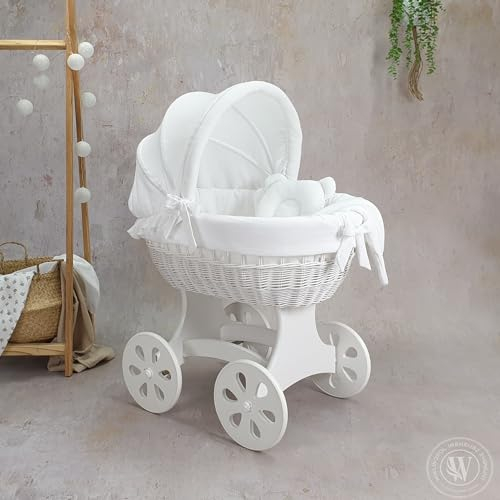 Wiklinopol Stubenwagen, Moseskorb Baby mit Gestell Annabell – Bollerwagen mit Rollen aus Naturweide – inkl. Matratze & 5-TLG. Weiß Musselin-Bettwäsche – Korb: Weiß
