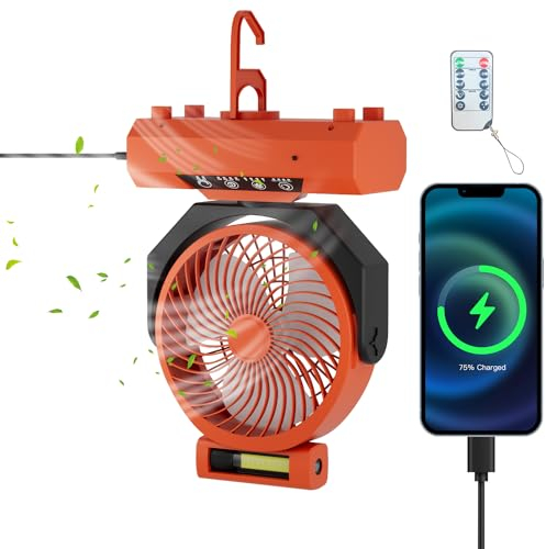 Jopassy Campingfläkt, fläkt med LED-lykta och krok, bärbar 20 000 mAh batterifläkt, 270° rotation bordsfläkt camping, 4 hastigheter, USB-tältfläkt för camping kontor, orange