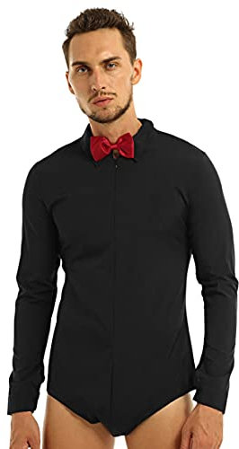 Yhong Herren Bodysuit Langarm Tanz-Body Latein Obeteile Hemdbody Overalls Männerbody mit Fliege Tango Rumba Party Tanzkleidung Tanzkostüm Schwarz XXXL
