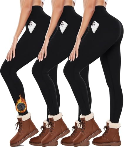 FuelMeFoot 3 Pack Leggings Termici Donna Foderato Fleece Vita Alta Biancheria Intima Termica Calda Calze Lunghe Impermeabile Inverno.11-Nero/Nero/Nero(Tasca) S/M