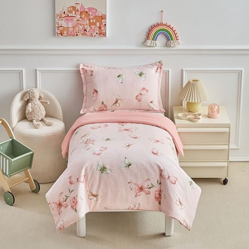 DuShow Toddler Duvet Cover Set For Girls,Toddler Butterfly Duvet Cover With Pillowcase,Jacquard Seersucker Toddler Bedding Set For Junior/Cot Bed 120 cm x 150 cm