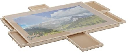 Relaxdays Puzzlebrett, mit 6 Schubladen, für Puzzle bis 1000 Teile, drehbar, aus Holz, Puzzlematte, Puzzleplateau, Natur