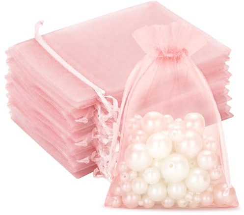 G2PLUS Baby Pink Organza Gift Pouches, 10x15 CM Medium Favour Bags, 50 PCS | Wedding Jewelry Bags, Clear Mesh Pouches Perfect for Wedding, Christmas, Birthday, Anniversary