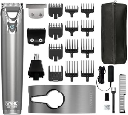 WAHL Washable Stainless Steel Multigroomer, recortadora de barba y barba incipiente para hombres, recortadora de nariz y orejas, set de cuidado masculino, totalmente lavable, sin cable