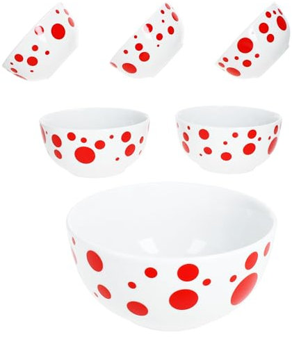 MamboCat Pula - Lot de 6 bols à céréales rouges - 14 cm - 400 ml - En porcelaine blanche avec pois - Pour 6 personnes - Pour salade, soupe, céréales, chips, etc.