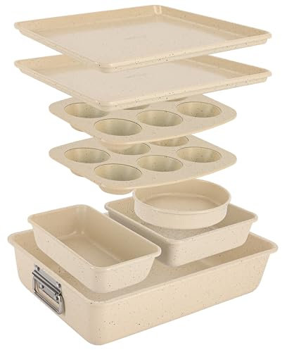 NutriChef Set 8 Pezzi Teglie da Forno Impilabili, Pirofila da Forno in Acciaio al Carbonio Antiaderente, Fino a 232 °C, Senza PFOA/PFOS