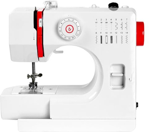 ZPSHYD - Máquina de coser eléctrica portátil de 14 puntos, para principiantes y niños, con pedal, ideal para ropa, bolsos y muñecas, color rojo y blanco