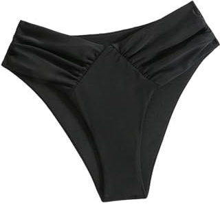 GORGLITTER Women's V Cut High Waist Hipster Bikini Bottoms Ruched Stretchy Sexy Swimsuit Bottom Black Large