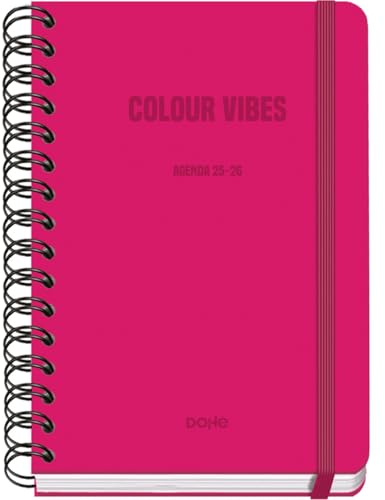 Dohe - Agenda Scolaire 2025 2026 - Semainier, Taille A5 (15x21 cm), Espagnol et Anglais, Fermeture à Spirale Double et Élastique, Couverture Rigide, 4 Pages d'Autocollants - COLOUR VIBES Rose
