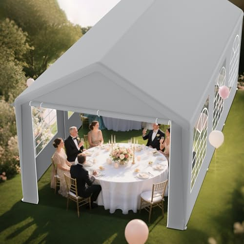 UISEBRT Robust festtält 3 x 6 m med 170 g/m² PE-tak och 130 g/m² sidodelar med fönster – väderbeständigt trädgårdstält paviljong 3 x 6 för trädgårdsfester, bröllop, festtält med stålram, grå