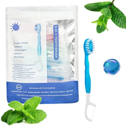 Mini cepillo de dientes 5 en 1 (pasta de dientes + hilo dental + púa + raspador lingual) Set de viaje portátil, cuidado bucal, para llevar al trabajo (Menta)