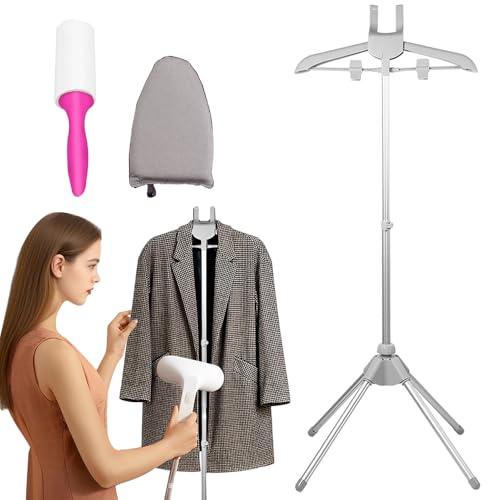 Gobesty Steamer Stand, Folding Telescopic clothes steamer stand With Hair roller & Ironing Gloves, Height Adjustable Garment Steamer Rack, Handheld Clothes Hanger for Home Steam Ironing Shirts (Grey)