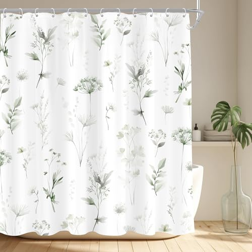 Cinbloo Sage Green Botanical Plant Floral Watercolor 72Wx72H Shower Curtain Block Print Boho Light Green White Nature for Girly Women Bathroom Curtain Set Farmhouse Bath Bathroom Accessories Decor