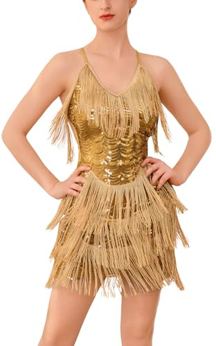 EFOGEP Abito da donna con paillette, per salsa latina, sexy, con nappe scintillanti, per cocktail, ballroom jazz, gold, S