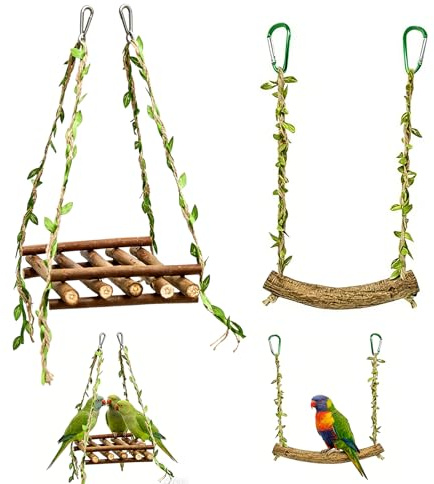 Altalene Naturali in Legno per Gabbia Uccelli, Set da 2 Giochi Oscillanti Verdi con Ganci, Accessori per Cocorite e Pappagalli di Piccola e Media Taglia per Attività e Divertimento Quotidian