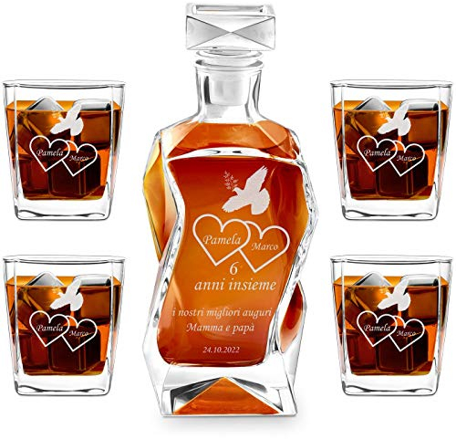 Maverton Set Decanter per Whisky in vetro - da 700 ml - incisione personalizzata - Caraffa con 4/6 bicchieri - idea regalo per l’anniversario - per la coppia di sposi o fidanzati - La colomba
