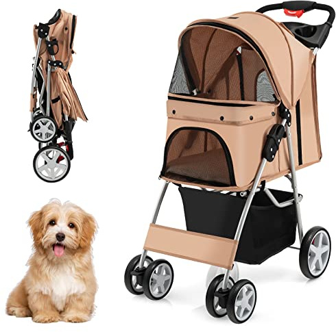 COSTWAY Hundvagn husdjur buggy upp till 15 kg, hundvagn med nätfönster och mugghållare & korg och solskydd, vikbar kattvagn, kattvagn för små hundar katter (beige)