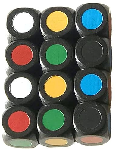 Dadi di colore/cubo di colore in legno, 16 mm. Made in Germany. (12 cubi, nero + punti di colore, colori base (rosso, giallo, blu, verde, nero, bianco))