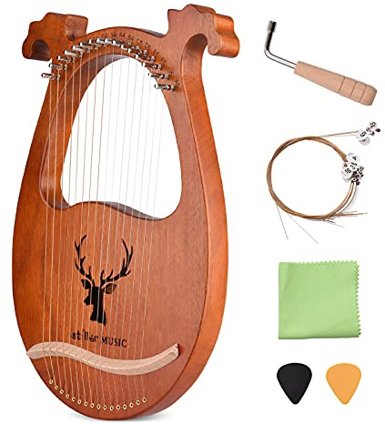 MAHWTF Lyre harpa för nybörjare, 16 strängar lyre harpa massivt trä stränginstrument med älgmönster avstämningshammare strängar rengöringsduk plektrum för nybörjare