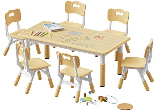 Brelley Kids Table and 6 Chairs Set, Height Adjustable Toddler Desk and Chair Set, Graffiti Desktop, Classroom/Daycare/Home, Children Multi-Activity Table for Ages 2-8